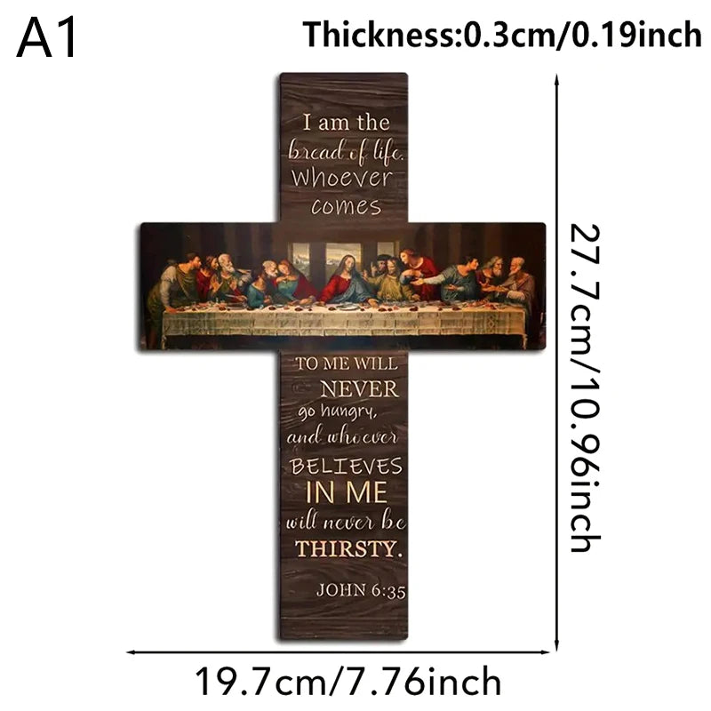 Bread Of Life Last Supper Scene Wooden Sign Cross Wall Art Plaque Home Decoration Pendant Wall Card Bible Scripture Wall Hanging