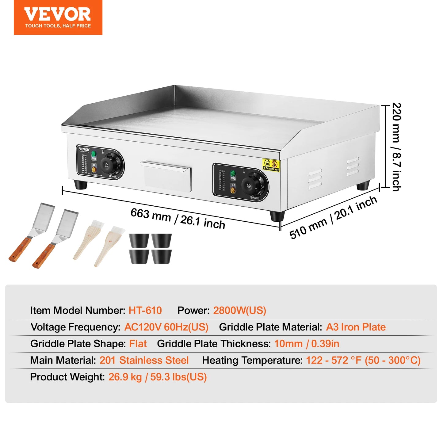 Commercial Electric Countertop Griddle 2800W With Adjustable Temperature