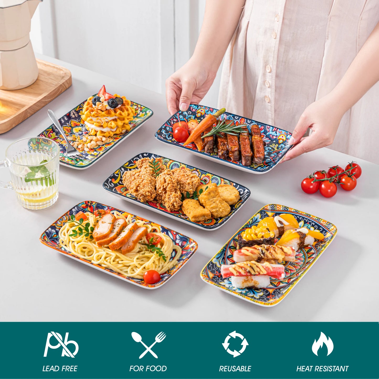 MALACASA Porcelain Rectangular Serving Plates 6 Piece Set