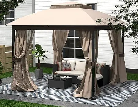 Outdoor Patio Gazebo 10x10, Heavy Duty Gazebos, Soft Top Gazebo with Square Metal Frame, Double Roof Canopy, Mosquito Nets & Pri