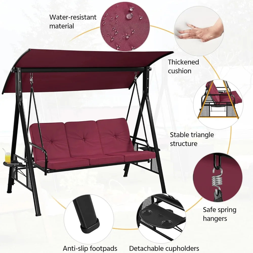 3-Seat Outdoor Patio Swing Chair, Deluxe Outdoor Patio Porch Swing with Weather Resistant Steel Frame, Adjustable Tilt Canopy f