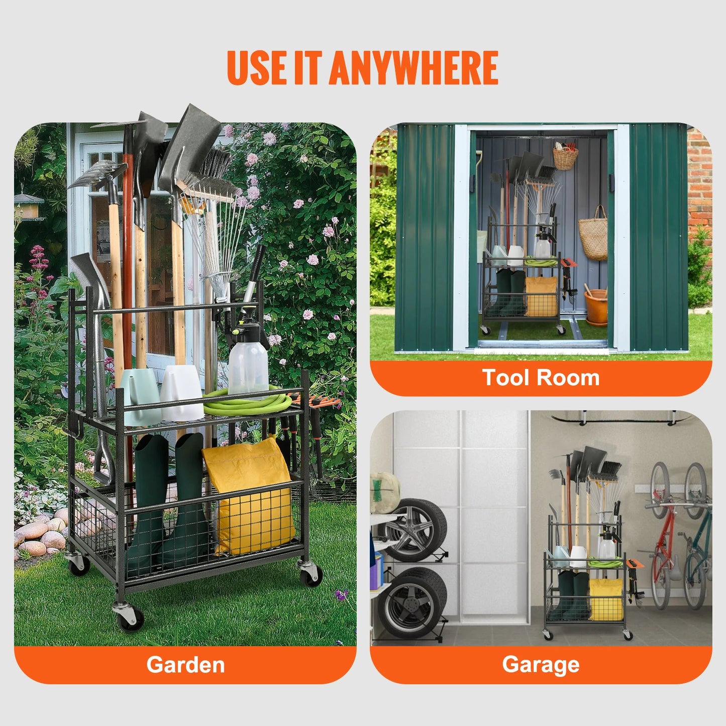 SucceBuy 16 Slots Garden Tool Organizer Rack With Wheels