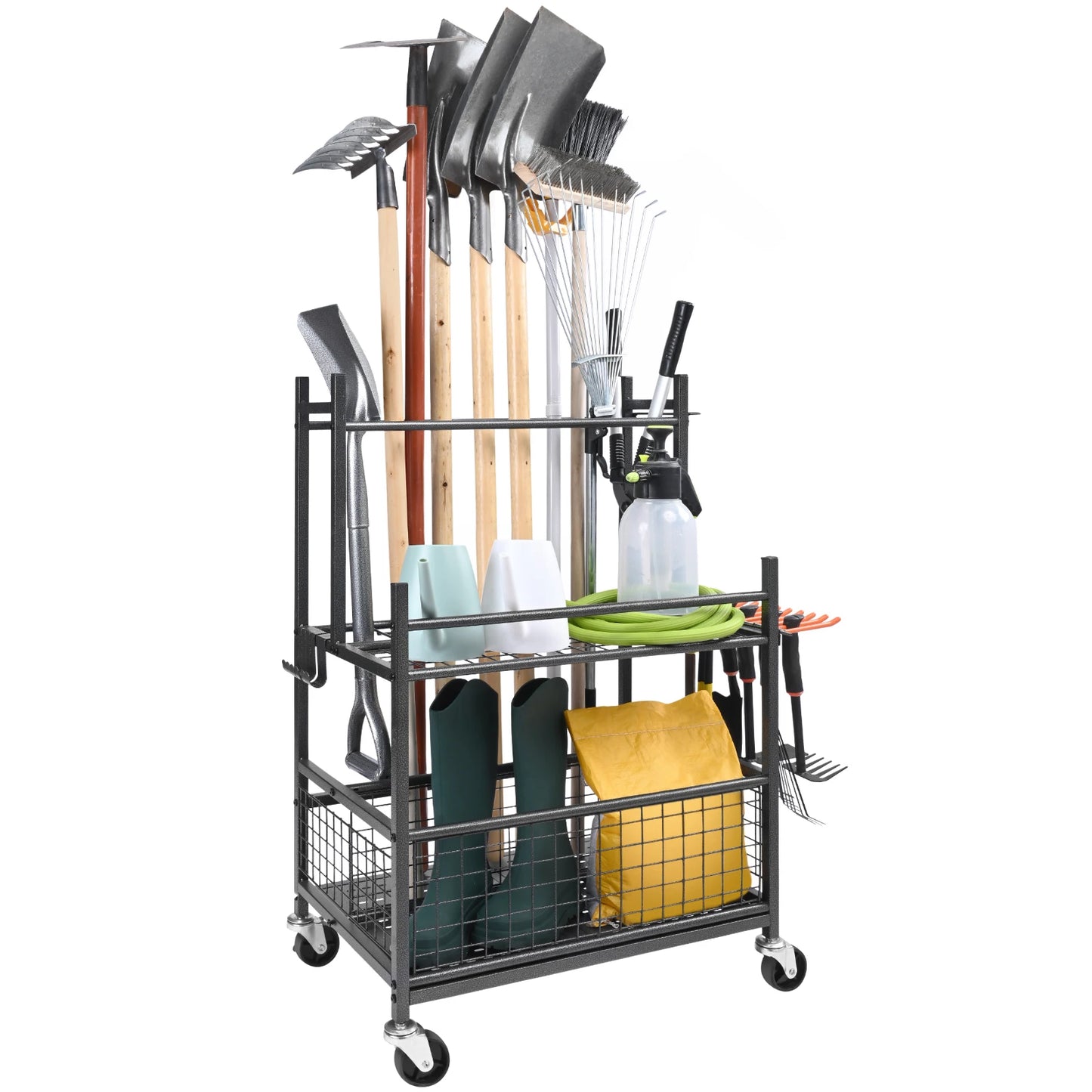 SucceBuy 16 Slots Garden Tool Organizer Rack With Wheels