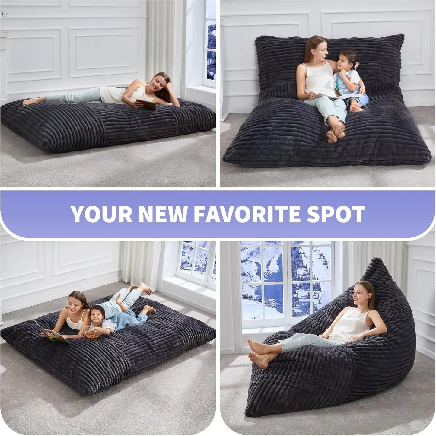 3 in 1 Bean Bag Chair Giant Bean Bag Chairs Convertible Bean Bag Floor Cushion with Machine Washable Cover, Beanbag Chairs