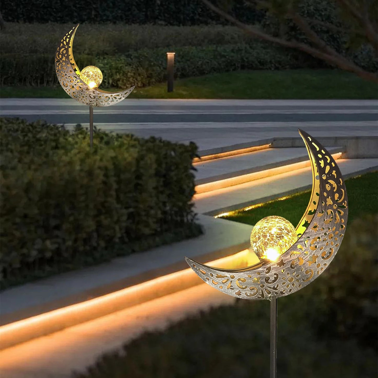 Solar Garden Lights Outdoor Decor,Moon Fairy Crackle Glass Lights,Warm White LED Metal Stake Ornament,Unique Gift for Gardening
