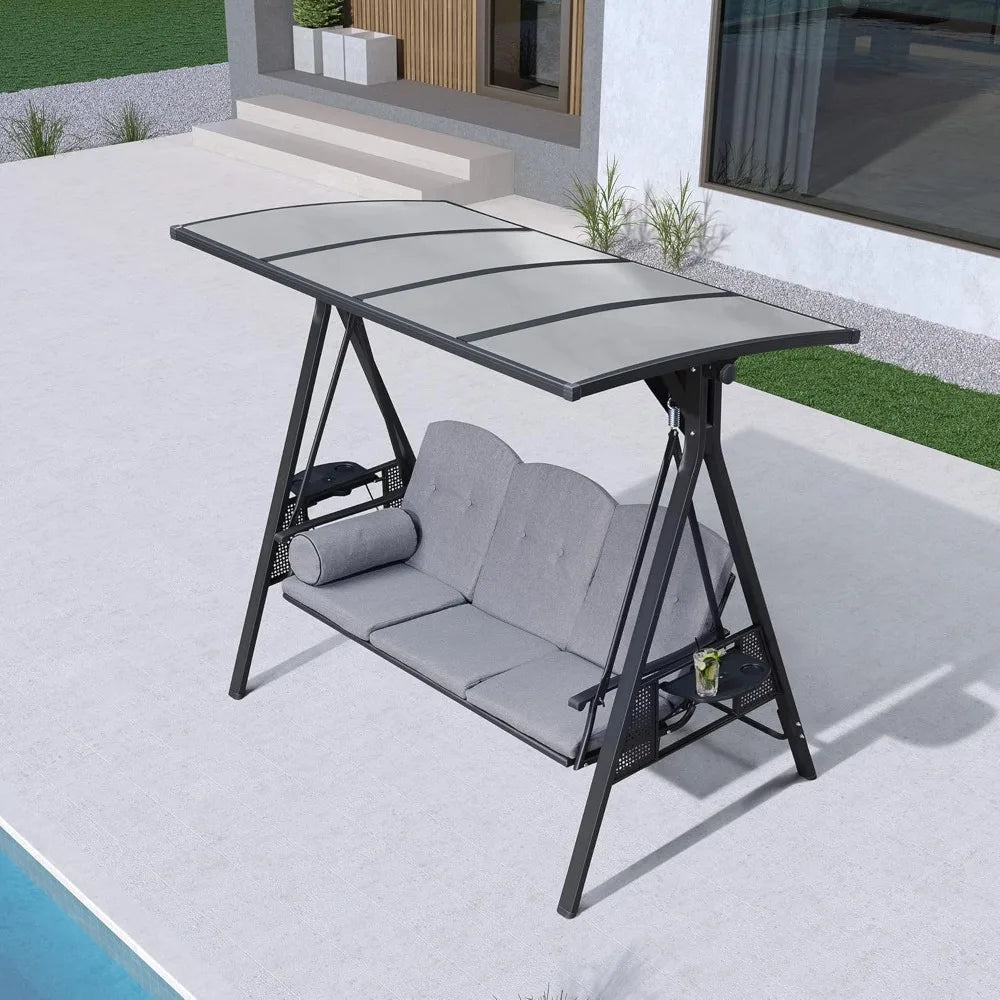 Outdoor Patio Porch Swing with Adjustable PVC Canopy, 3-seat Swing Chair Bench with Side Cup Holder for Backyard Front Porch La