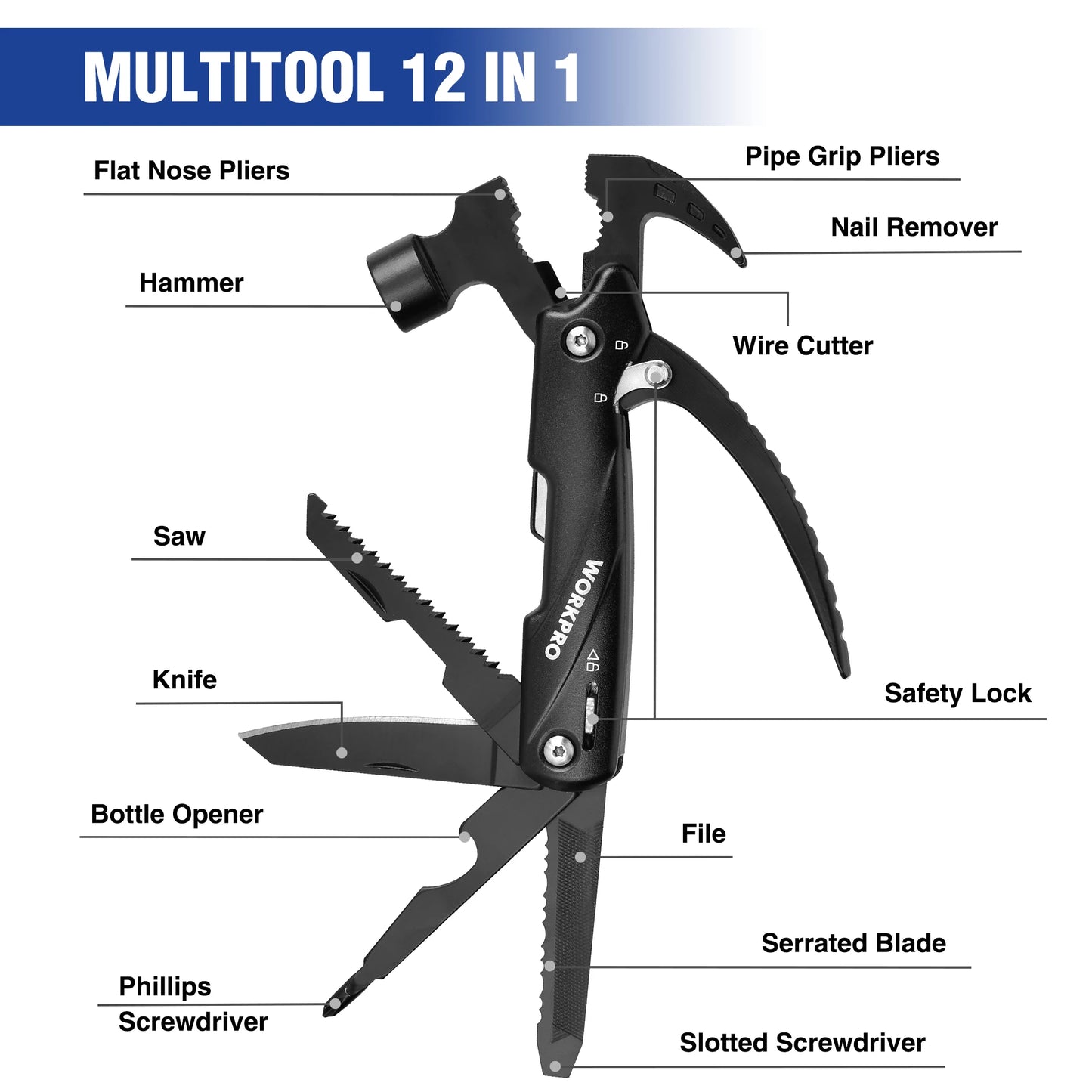 WORKPRO 12 In 1 Hammer Multitool Claw Hammer With Sheath