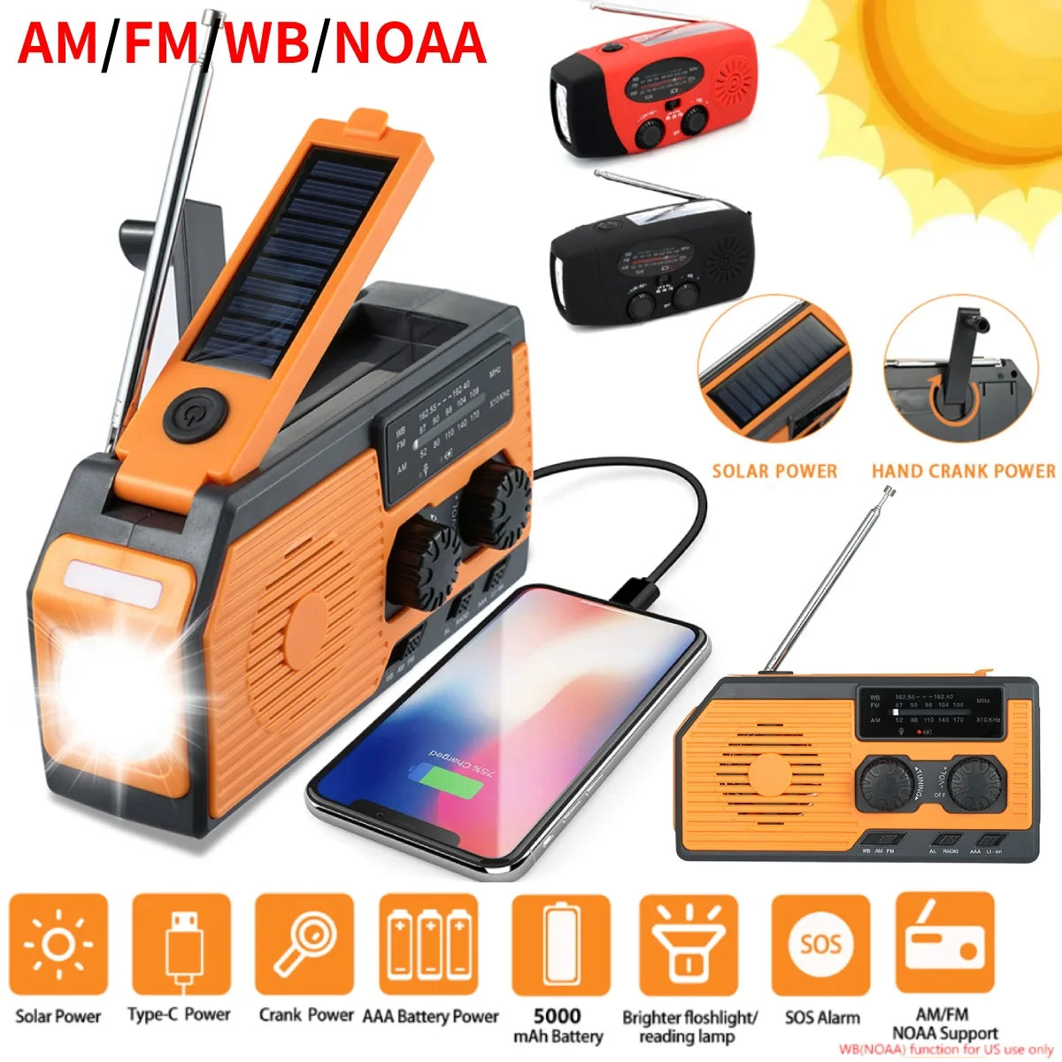 Takezero Solar Power Hand Crank Radio AM FM NOAA Weather