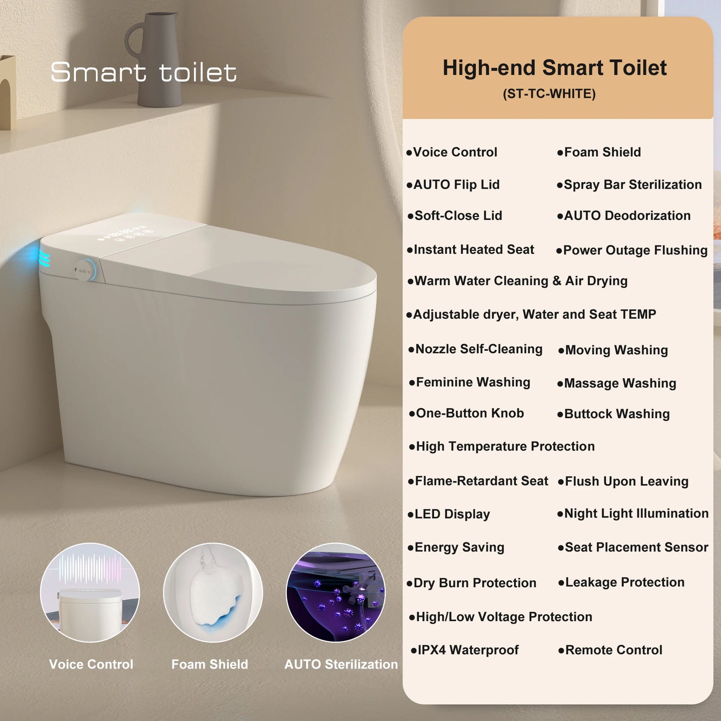 Smart Toilet with Built-in Bidet, AUTO Open/Close, Warm Water Sprayer, AUTO Dual Flush, Heated Bidet Seat