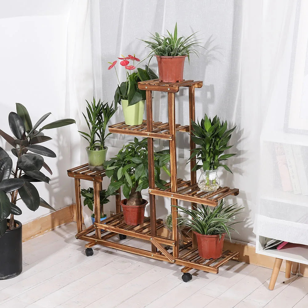 Pine Wooden Plant Stand With Wheels Multi-Layer Indoor Display Rack