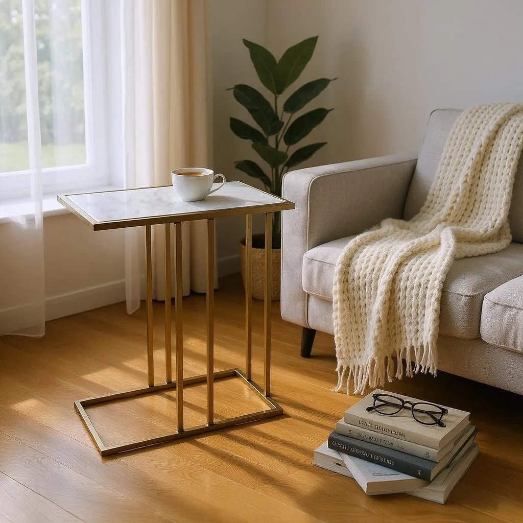 End Table With Marble Top And Iron Frame For Living Room