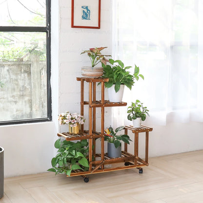 Pine Wooden Plant Stand With Wheels Multi-Layer Indoor Display Rack