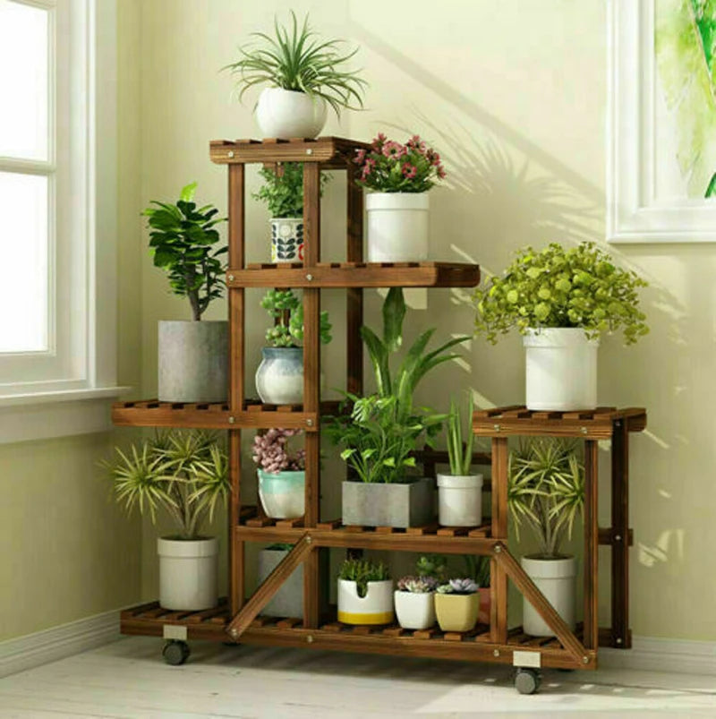 Pine Wooden Plant Stand With Wheels Multi-Layer Indoor Display Rack