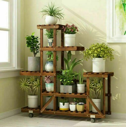 Pine Wooden Plant Stand With Wheels Multi-Layer Indoor Display Rack