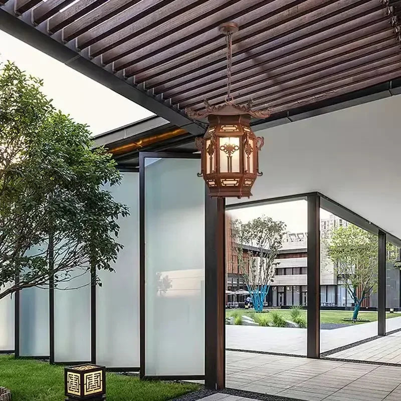 ANITA Chinese Lantern Pendant Lamps Outdoor Waterproof LED Black Retro Chandelier for Home Hotel Corridor Decor Electricity