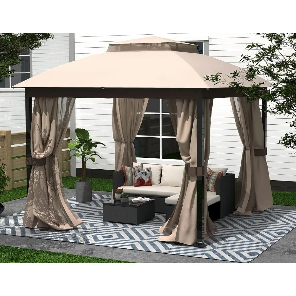 Outdoor Patio Gazebo 10x10, Heavy Duty Gazebos, Soft Top Gazebo with Square Metal Frame, Double Roof Canopy, Mosquito Nets & Pri
