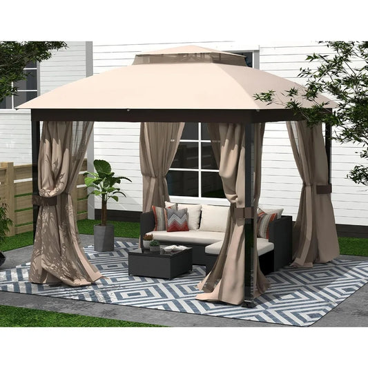 Outdoor Patio Gazebo 10x10, Heavy Duty Gazebos, Soft Top Gazebo with Square Metal Frame, Double Roof Canopy, Mosquito Nets & Pri
