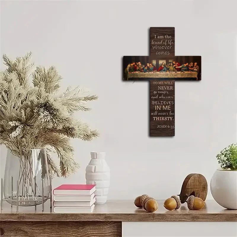 Bread Of Life Last Supper Scene Wooden Sign Cross Wall Art Plaque Home Decoration Pendant Wall Card Bible Scripture Wall Hanging