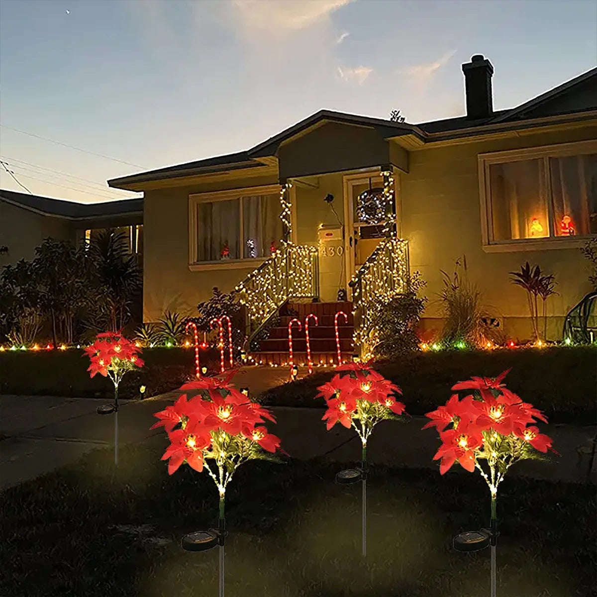 LED solar Christmas flower poinsettia artificial flower light, suitable for decorating Christmas gardens, lawns, and courtyards