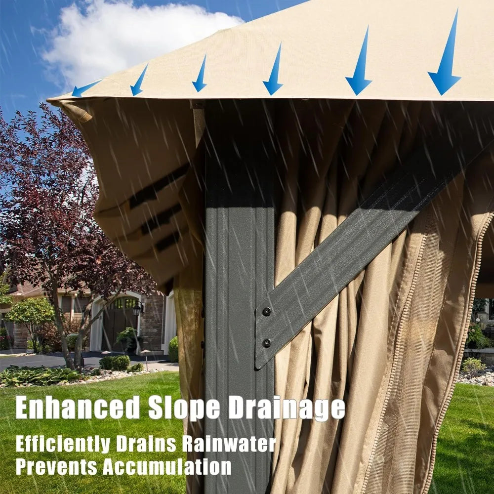 Domi 10'x14' Gazebo with Double Roof Soft Top, Patio Gazebo Canopy Tent Metal Frame for Deck Backyard Garden Lawns Khaki