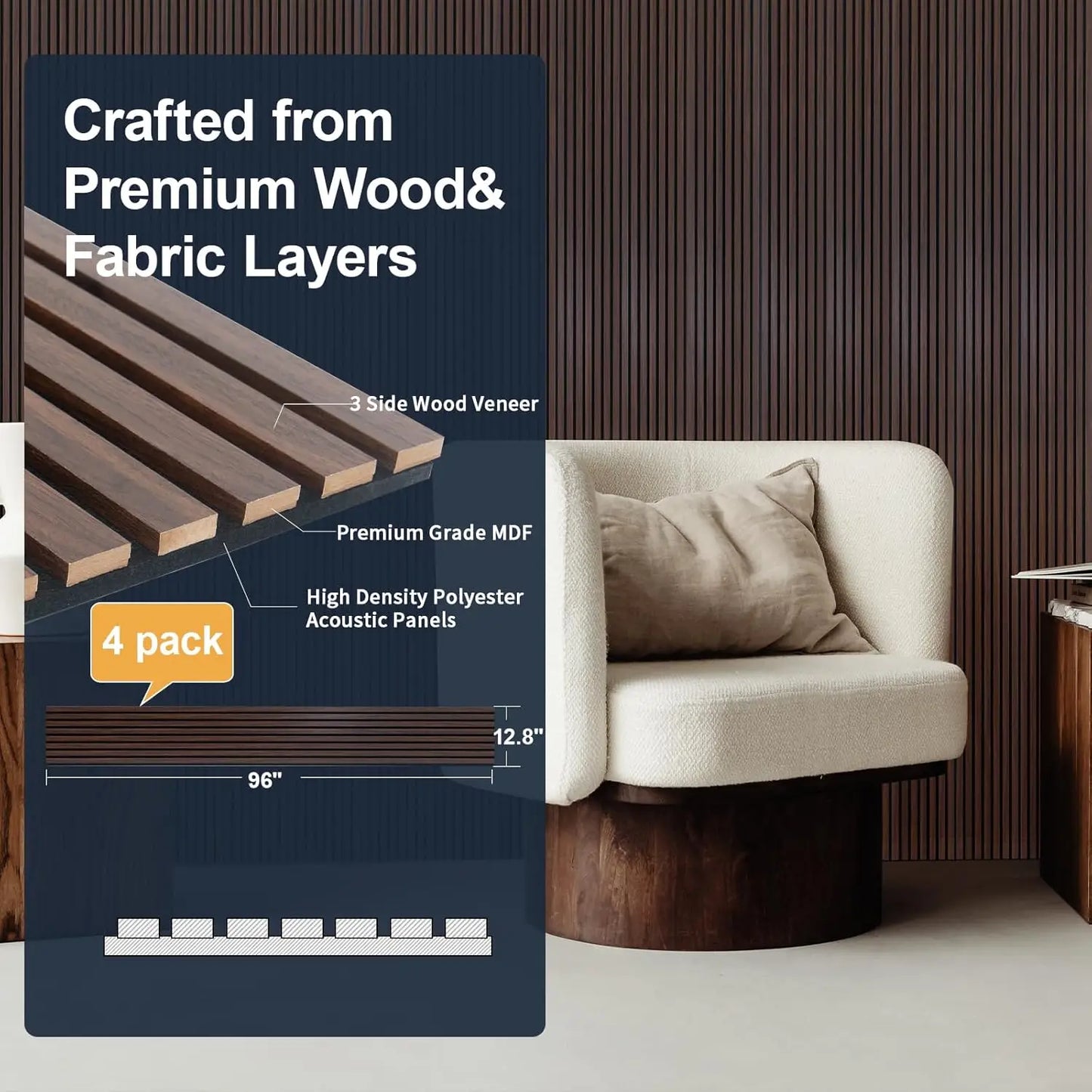 Wood Panels for Wall, 4-Piece 96" x 12.6" Soundproof Wood Slat Wall Panel for Interior Wall Decor Noise Cancelling(Dark Walnut)