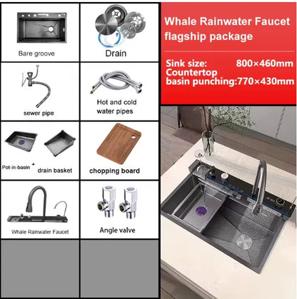 Digital fly rain waterfall sink embossed nano 304 stainless steel large single sink kitchen black washbasin