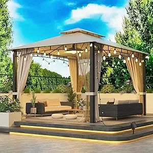 Outdoor Patio Gazebo 10x10, Heavy Duty Gazebos, Soft Top Gazebo with Square Metal Frame, Double Roof Canopy, Mosquito Nets & Pri