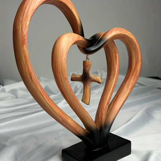 Hearts Cross Sculpture Love And Faith Decor Modern Minimalist Religious Tabletop Accent For Home Or Office Desk Decoration Gifts