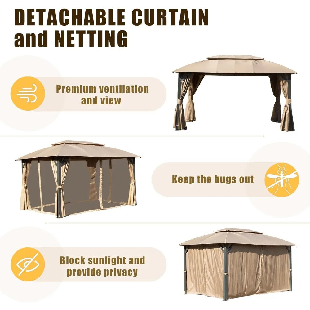 Domi 10'x14' Gazebo with Double Roof Soft Top, Patio Gazebo Canopy Tent Metal Frame for Deck Backyard Garden Lawns Khaki