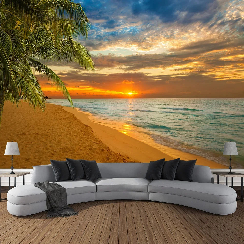 Mountain Cave Landscape Tapestry Ocean Birds Coconut Tree Sailing Beach Nature Scenery Tapestries Home Garden Dorm Bedroom Decor