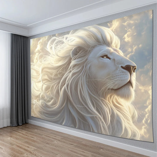 1pc Majestic White Lion Tapestry with Flowing Mane - Polyester Fabric for Living Room, Indoor and Outdoor Room Decor