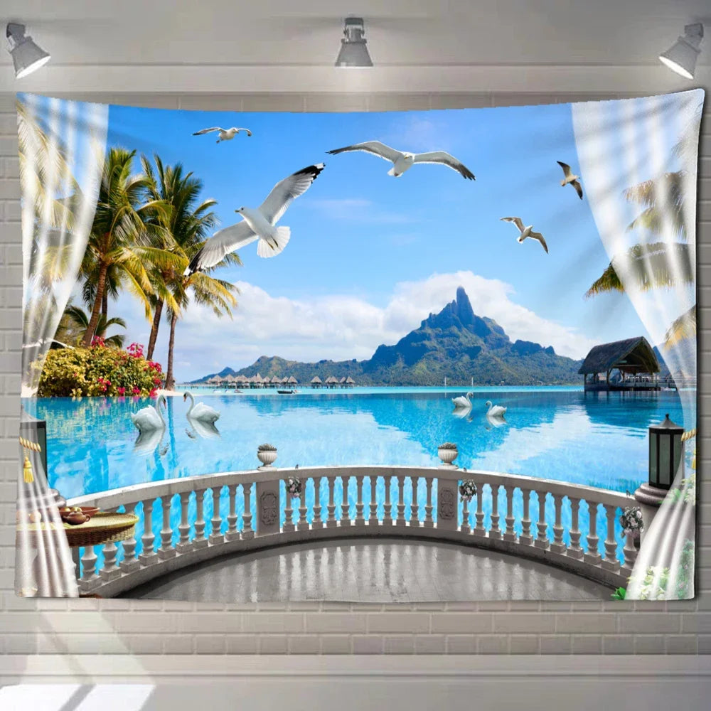 Natural ecological beach landscape imitation window art tapestry background wall room aesthetic living room home decoration