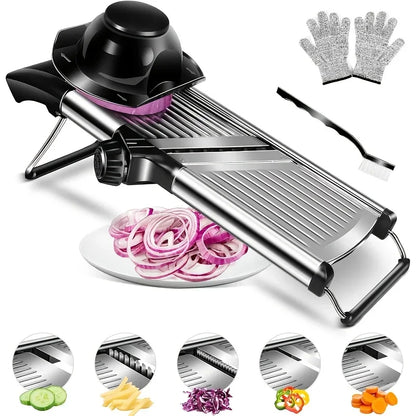 Stainless Steel Mandoline Slicer With Five Blades And Safety Holder