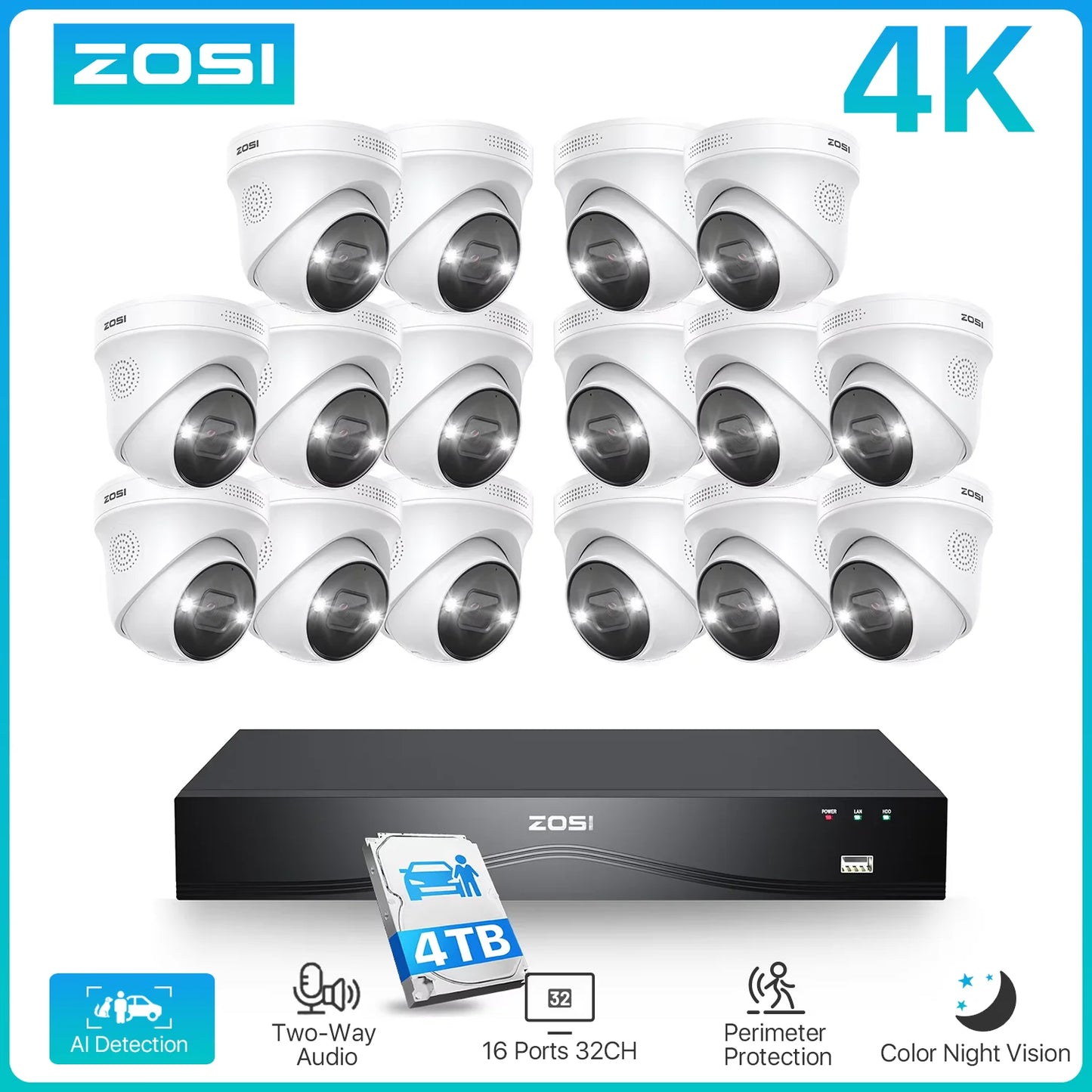 ZOSI 4K 8MP PoE Security Camera System With AI NVR