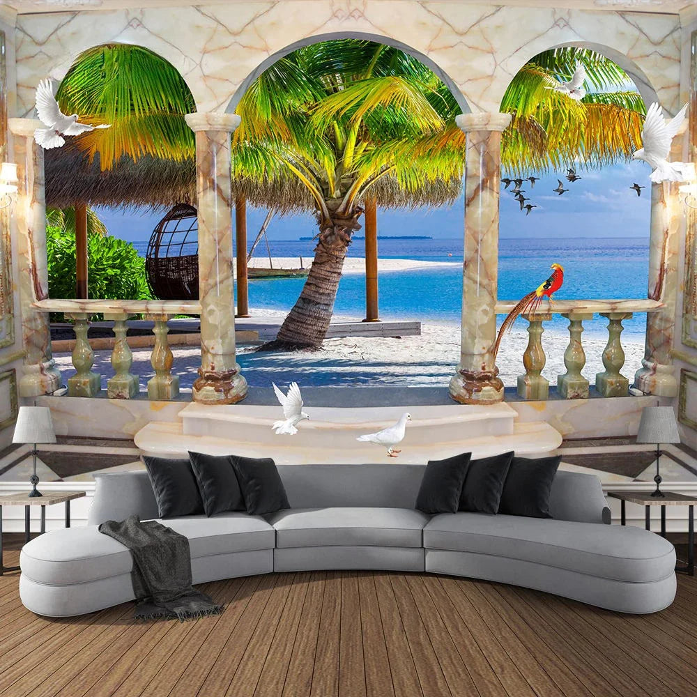 Mountain Cave Landscape Tapestry Ocean Birds Coconut Tree Sailing Beach Nature Scenery Tapestries Home Garden Dorm Bedroom Decor