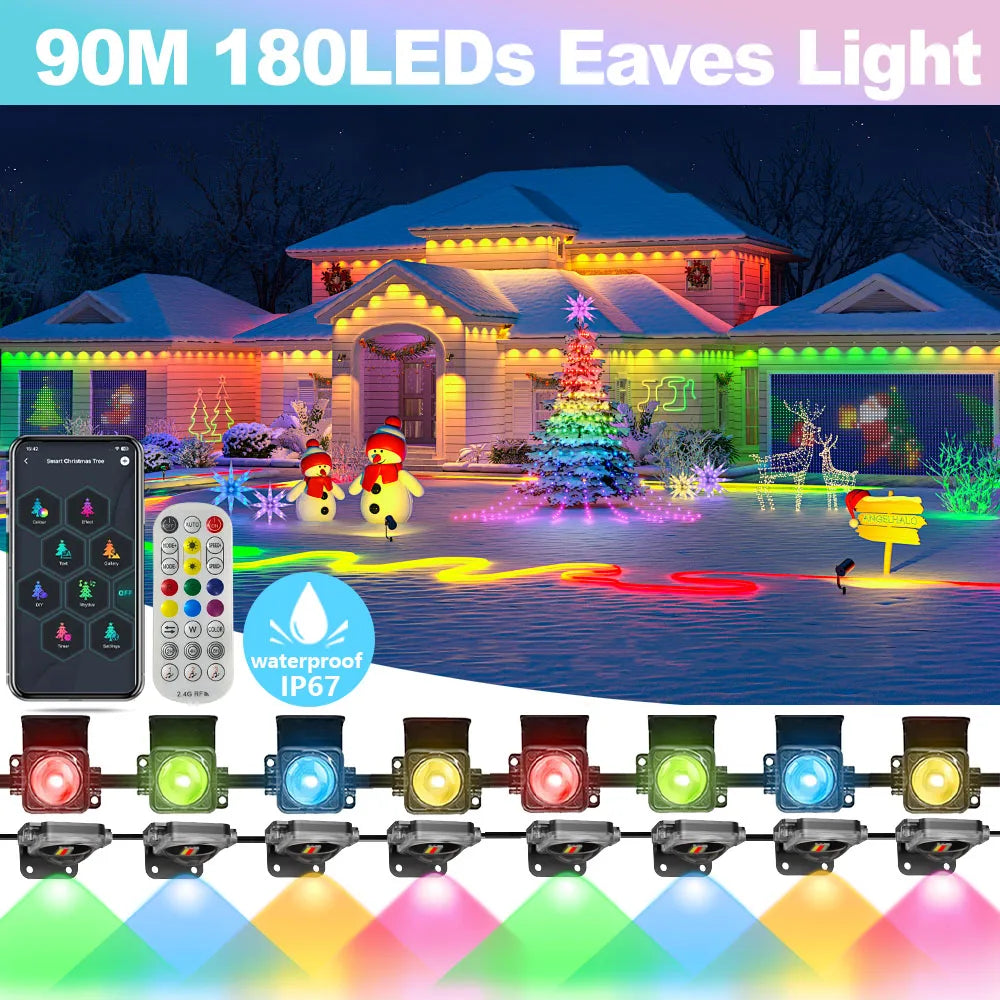 90m/295ft 180LED Smart Rainbow Led Permanent Outdoor Light RGBIC Christmas Light,App & Remote Control,IP67 Waterproof Home Decor