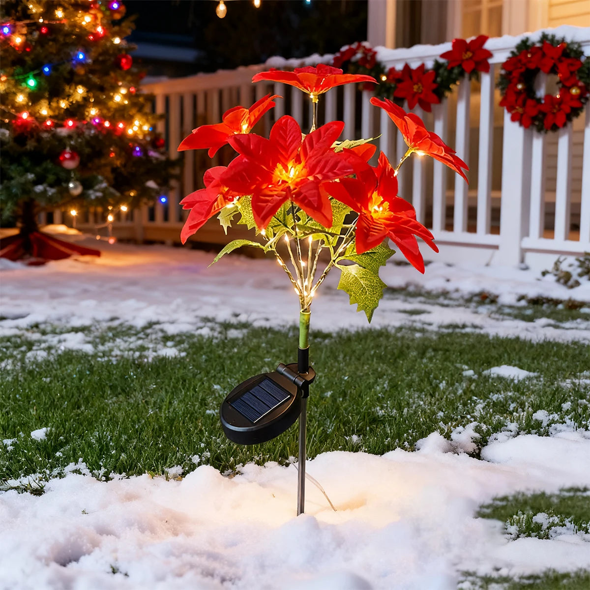 LED solar Christmas flower poinsettia artificial flower light, suitable for decorating Christmas gardens, lawns, and courtyards