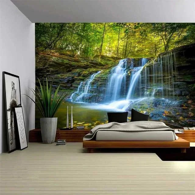 Natural Scenery Tapestry Mountain Forest Plant Waterfall Landscape Tapestry Art Wall Hanging Decor for Bedroom Living Room Dorm