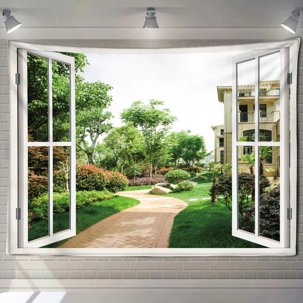 Natural ecological beach landscape imitation window art tapestry background wall room aesthetic living room home decoration