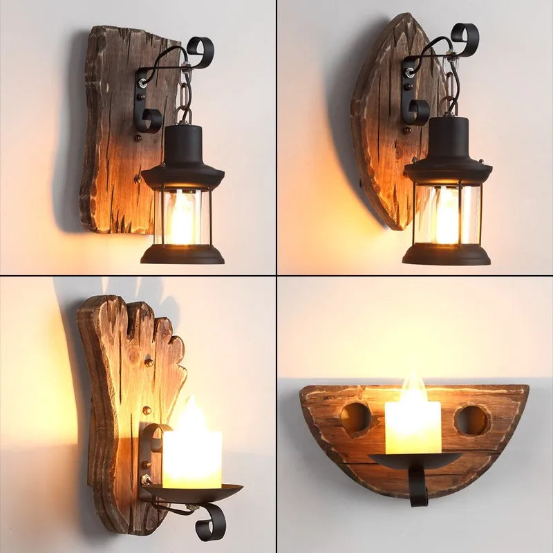 Retro Wooden Wall Lamp for Living Room Wood LED Sconces Cafe Bar Bedroom Bedside Industrial Style Home Decor Wall Light Fixtures