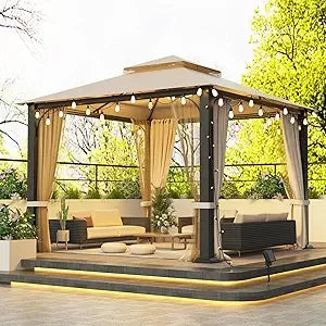 Outdoor Patio Gazebo 10x10, Heavy Duty Gazebos, Soft Top Gazebo with Square Metal Frame, Double Roof Canopy, Mosquito Nets & Pri
