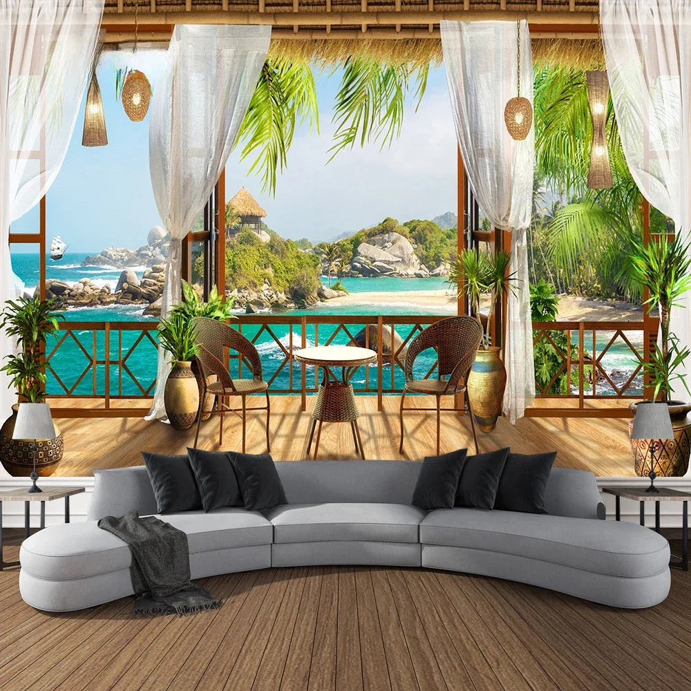 Mountain Cave Landscape Tapestry Ocean Birds Coconut Tree Sailing Beach Nature Scenery Tapestries Home Garden Dorm Bedroom Decor