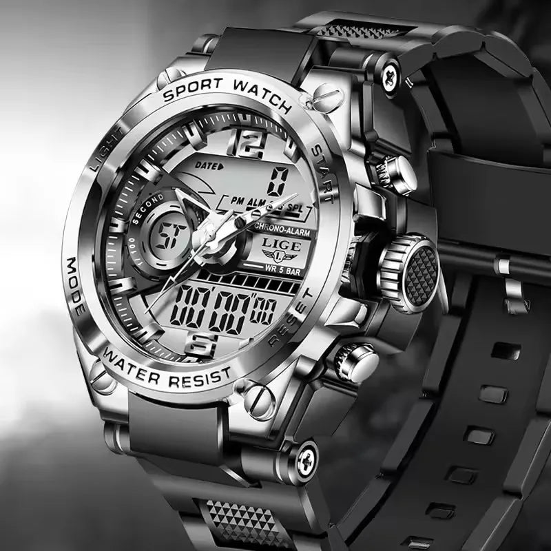 LIGE Men Military Digital Watch 50m Waterproof LED Quartz