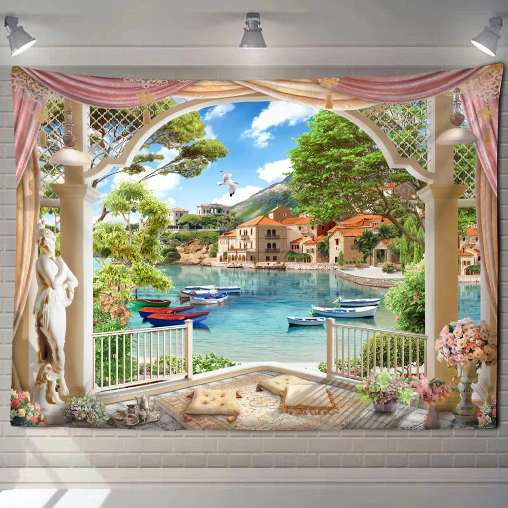 Natural ecological beach landscape imitation window art tapestry background wall room aesthetic living room home decoration