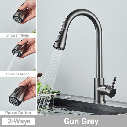 Chrome Kitchen Faucet Deck Mounted Pull Out Spout Kitchen Sink Mixer Tap Single Level Stream Sprayer Nozzle Mixer Tap