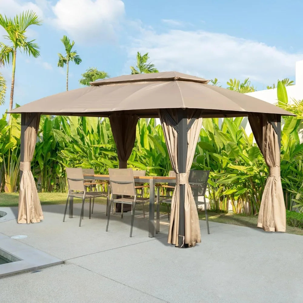 Domi 10'x14' Gazebo with Double Roof Soft Top, Patio Gazebo Canopy Tent Metal Frame for Deck Backyard Garden Lawns Khaki