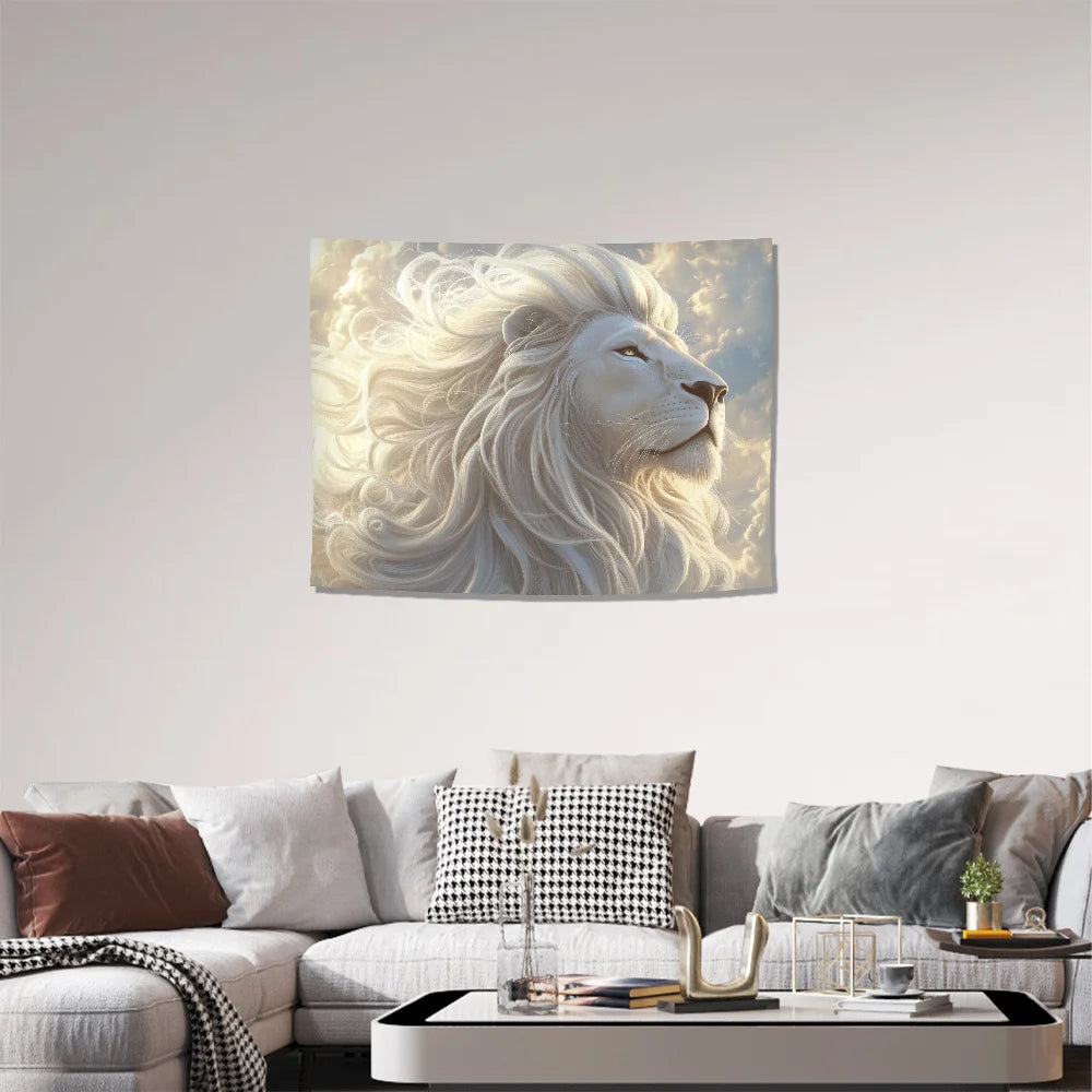 1pc Majestic White Lion Tapestry with Flowing Mane - Polyester Fabric for Living Room, Indoor and Outdoor Room Decor