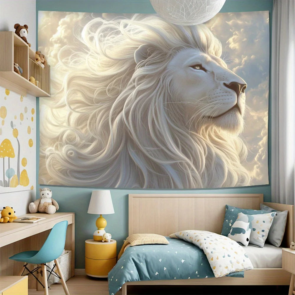 1pc Majestic White Lion Tapestry with Flowing Mane - Polyester Fabric for Living Room, Indoor and Outdoor Room Decor