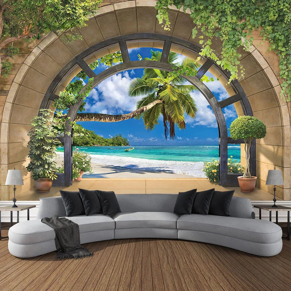 Mountain Cave Landscape Tapestry Ocean Birds Coconut Tree Sailing Beach Nature Scenery Tapestries Home Garden Dorm Bedroom Decor