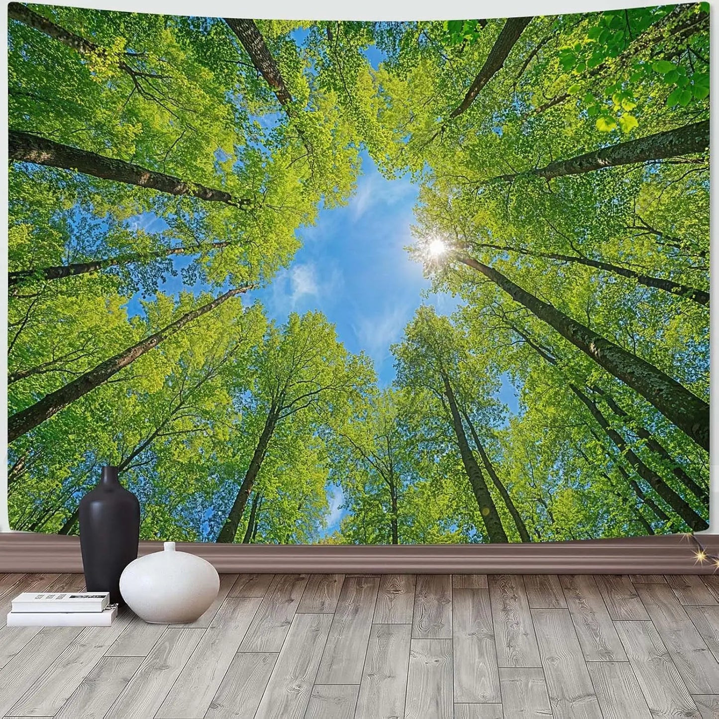 Nature Forest Tree Celling Tapestry Lush Green Treetops Sunlit Tapestry for Bedroom Aesthetic Sunlight Canopy Leaves Landscape